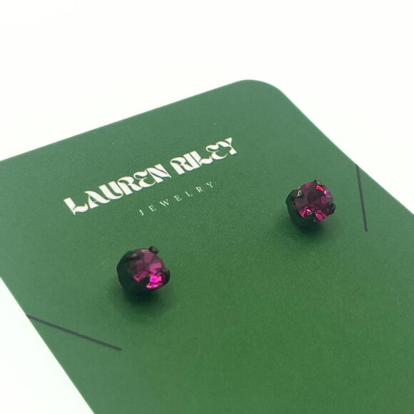 Handmade Fuchsia Swarovski Crystal Stud Earrings | Hematite Plated, Nickel-Free - Picture 2 of 4
